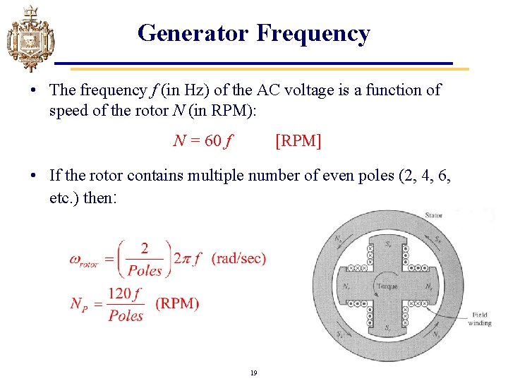 Generator Frequency • The frequency f (in Hz) of the AC voltage is a