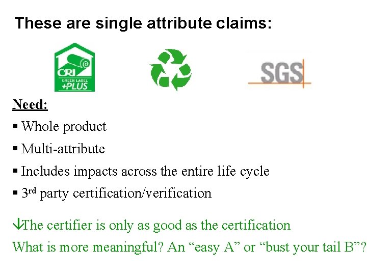 These are single attribute claims: Need: § Whole product § Multi-attribute § Includes impacts