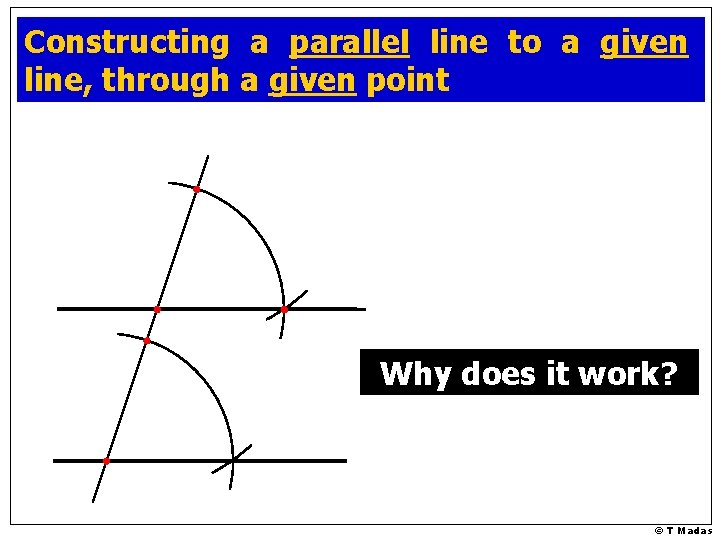Constructing a parallel line to a given line, through a given point Why does