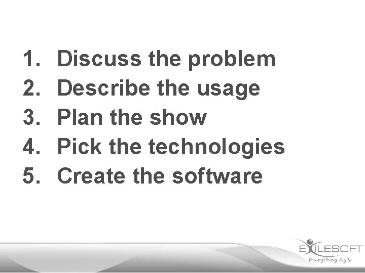 1. 2. 3. 4. 5. Discuss the problem Describe the usage Plan the show