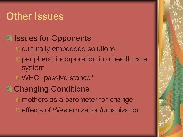 Other Issues for Opponents culturally embedded solutions peripheral incorporation into health care system WHO