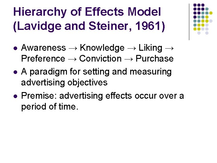 Hierarchy of Effects Model (Lavidge and Steiner, 1961) l l l Awareness → Knowledge