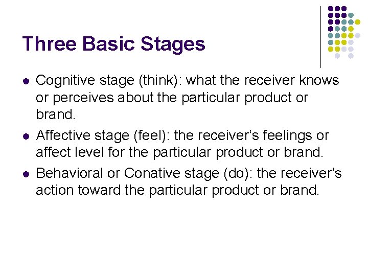 Three Basic Stages l l l Cognitive stage (think): what the receiver knows or