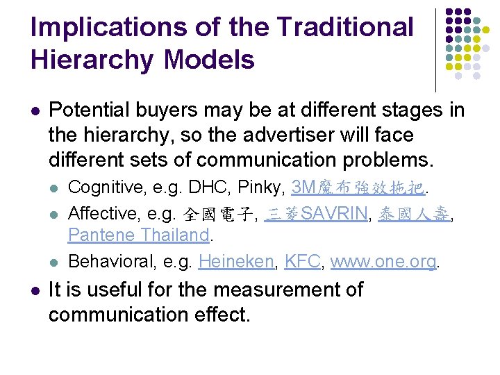 Implications of the Traditional Hierarchy Models l Potential buyers may be at different stages