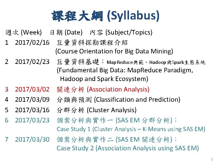 課程大綱 (Syllabus) 週次 (Week) 日期 (Date) 內容 (Subject/Topics) 1 2017/02/16 巨量資料探勘課程介紹 (Course Orientation for