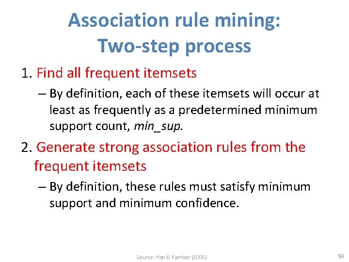 Association rule mining: Two-step process 1. Find all frequent itemsets – By definition, each