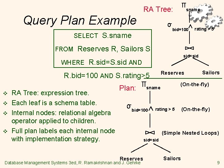 RA Tree: Query Plan Example SELECT FROM bid=100 S. sname sid=sid R. sid=S. sid