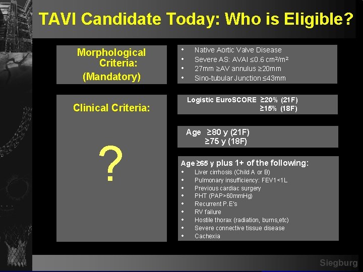 TAVI Candidate Today: Who is Eligible? Morphological Criteria: (Mandatory) Clinical Criteria: ? • •