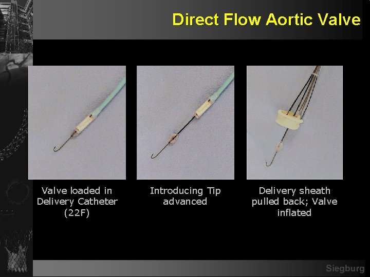 Direct Flow Aortic Valve loaded in Delivery Catheter (22 F) Introducing Tip advanced Delivery