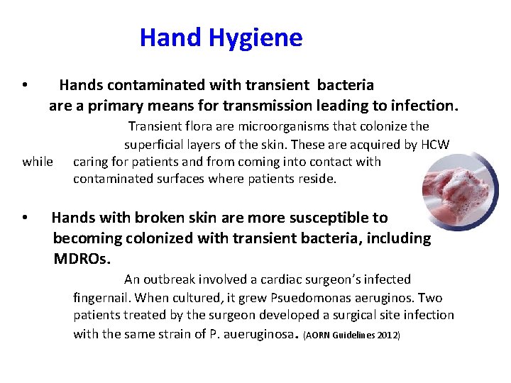 Hand Hygiene • Hands contaminated with transient bacteria are a primary means for transmission