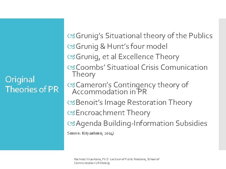  Grunig’s Situational theory of the Publics Grunig & Hunt’s four model Grunig, et