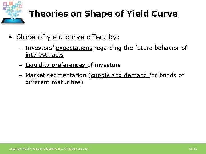 Theories on Shape of Yield Curve • Slope of yield curve affect by: –