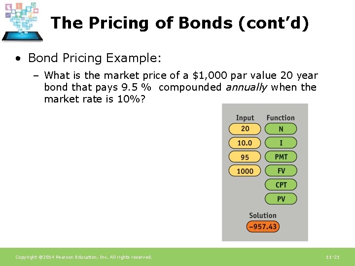 The Pricing of Bonds (cont’d) • Bond Pricing Example: – What is the market