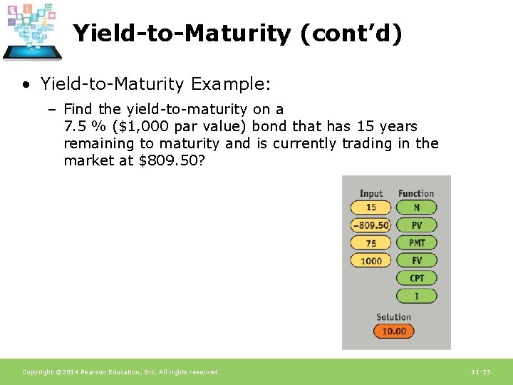 Yield-to-Maturity (cont’d) • Yield-to-Maturity Example: – Find the yield-to-maturity on a 7. 5 %