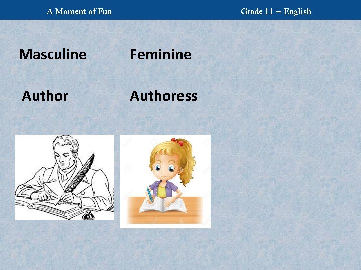 Grade 11 – English A Moment of Fun Masculine Feminine Authoress 