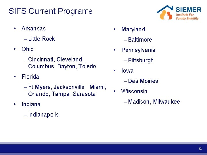 SIFS Current Programs • Arkansas – Little Rock • Ohio – Cincinnati, Cleveland Columbus,