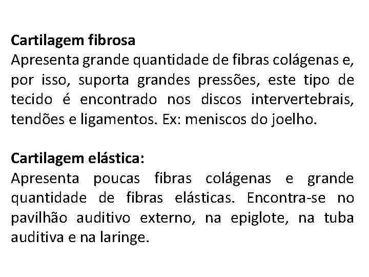 Cartilagem fibrosa Apresenta grande quantidade de fibras colágenas e, por isso, suporta grandes pressões,