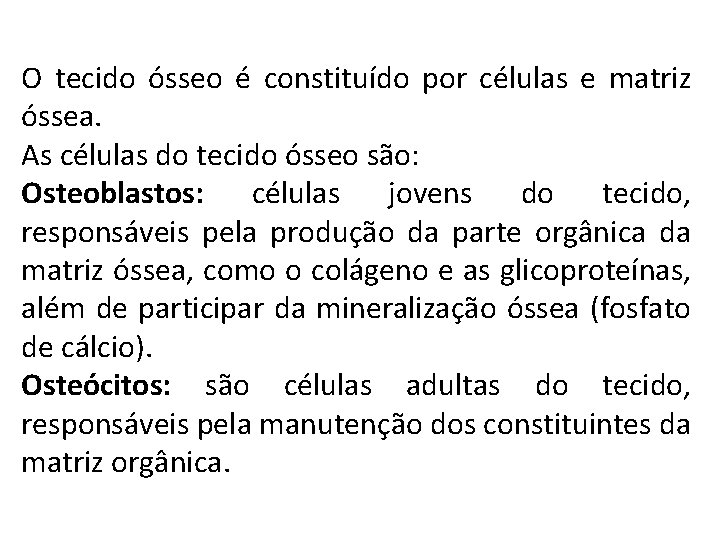 O tecido ósseo é constituído por células e matriz óssea. As células do tecido