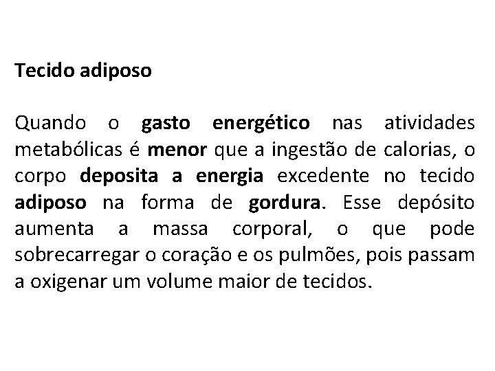 Tecido adiposo Quando o gasto energético nas atividades metabólicas é menor que a ingestão