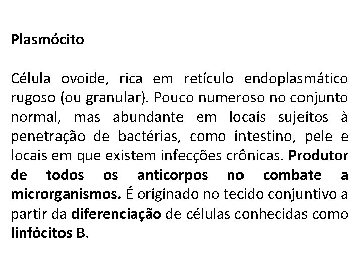 Plasmócito Célula ovoide, rica em retículo endoplasmático rugoso (ou granular). Pouco numeroso no conjunto