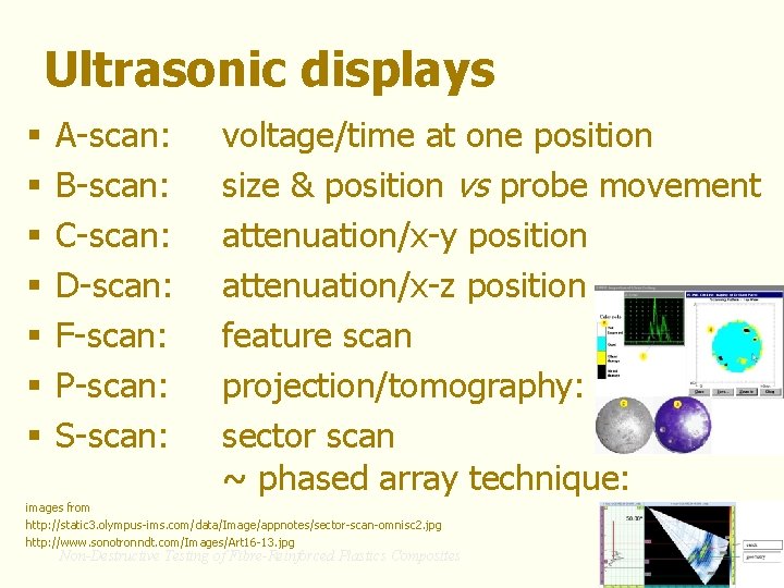 Ultrasonic displays § § § § A-scan: B-scan: C-scan: D-scan: F-scan: P-scan: S-scan: voltage/time