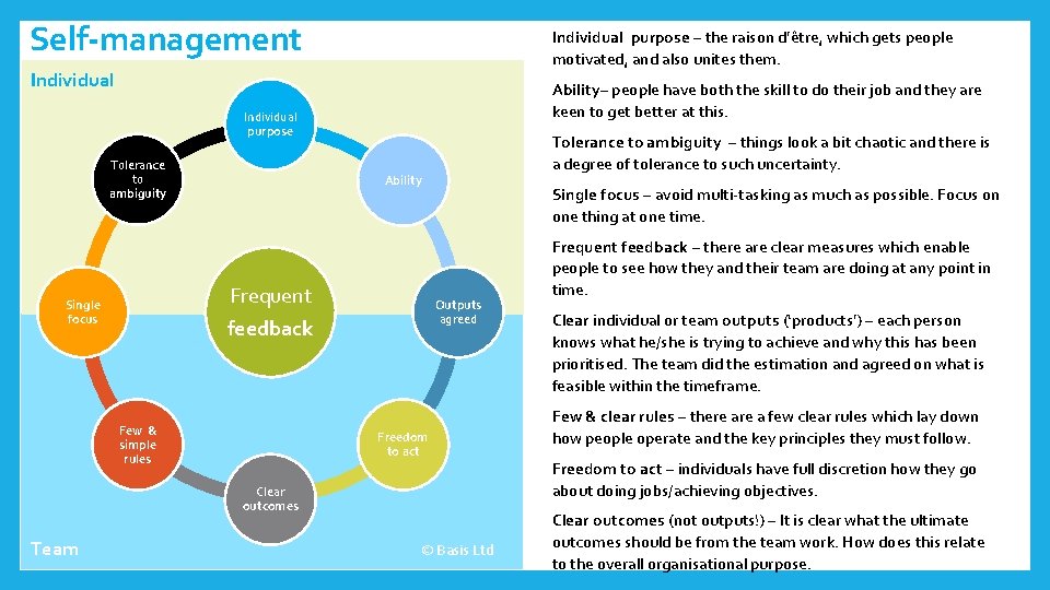 Self-management Individual purpose – the raison d’être, which gets people motivated, and also unites