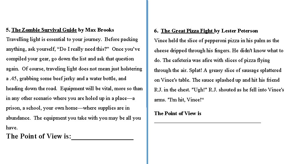 5. The Zombie Survival Guide by Max Brooks 6. The Great Pizza Fight by