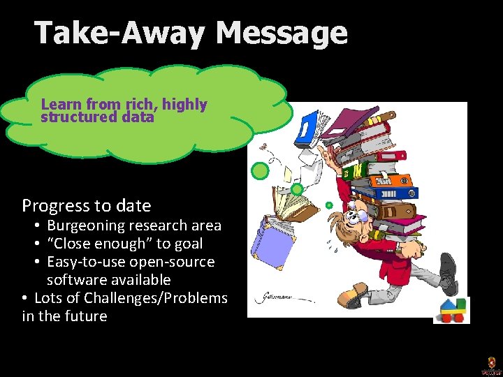 Take-Away Message Learn from rich, highly structured data Progress to date • Burgeoning research