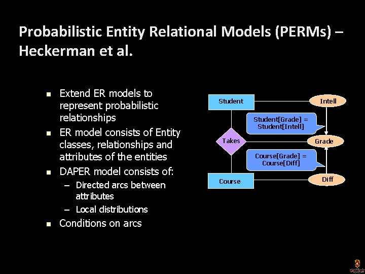 Probabilistic Entity Relational Models (PERMs) – Heckerman et al. n n n Extend ER