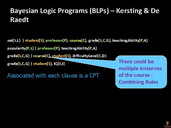 Bayesian Logic Programs (BLPs) – Kersting & De Raedt sat(S, L) | student(S), professor(P),