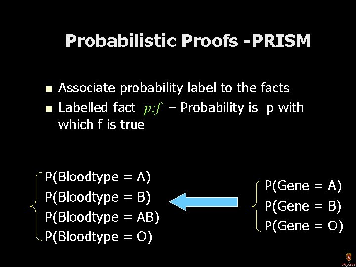 Probabilistic Proofs -PRISM n n Associate probability label to the facts Labelled fact p: