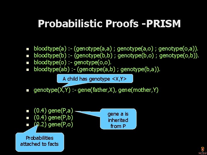 Probabilistic Proofs -PRISM n n bloodtype(a) : - (genotype(a, a) ; genotype(a, o) ;