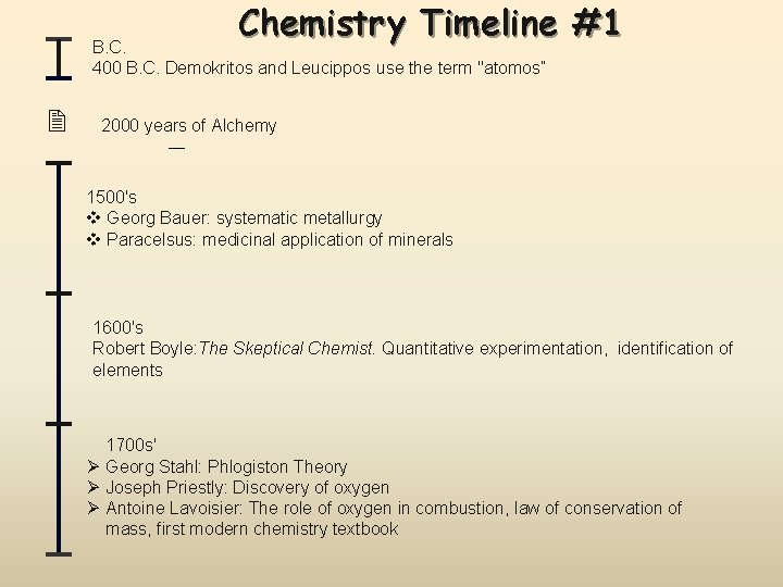 Chemistry Timeline #1 B. C. 400 B. C. Demokritos and Leucippos use the term