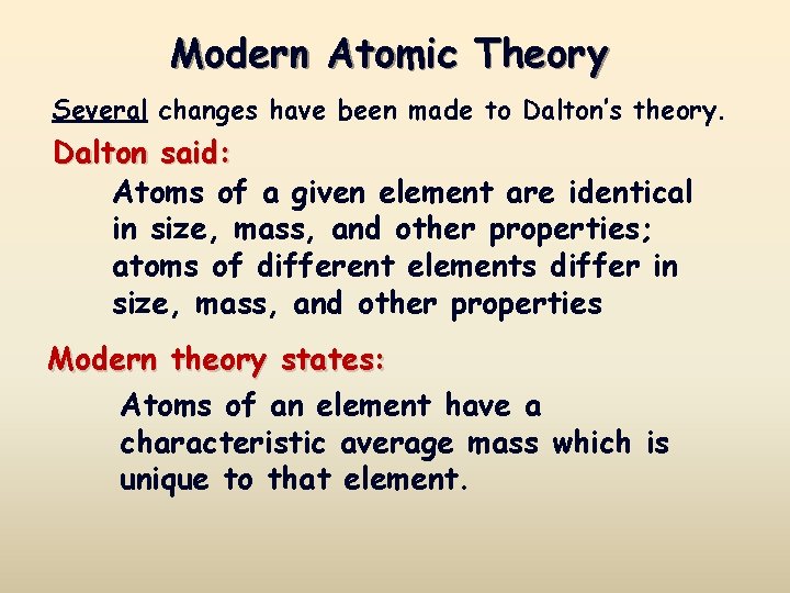 Modern Atomic Theory Several changes have been made to Dalton’s theory. Dalton said: Atoms