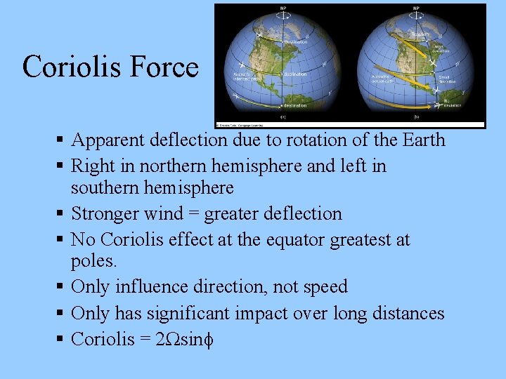 Coriolis Force Apparent deflection due to rotation of the Earth Right in northern hemisphere