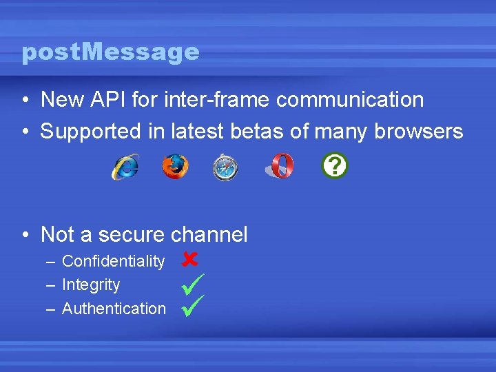 post. Message • New API for inter-frame communication • Supported in latest betas of