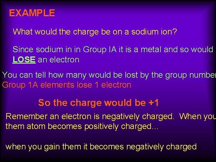 EXAMPLE What would the charge be on a sodium ion? Since sodium in in