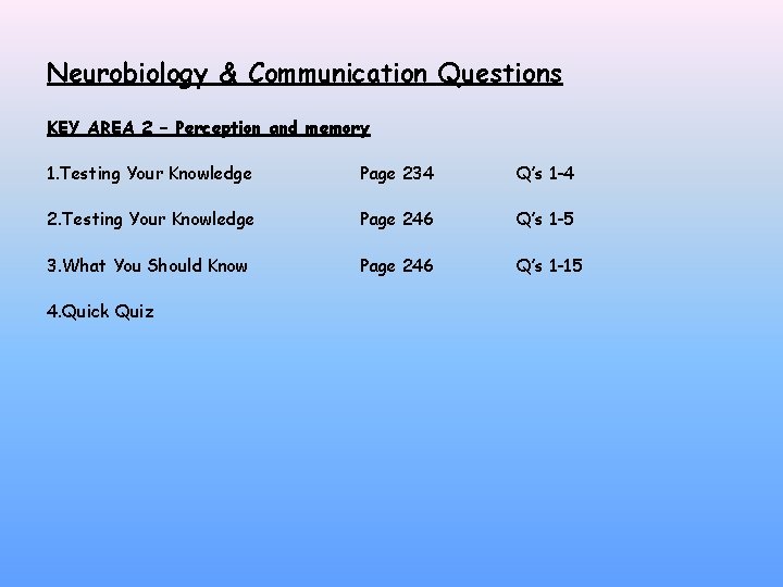 Neurobiology & Communication Questions KEY AREA 2 – Perception and memory 1. Testing Your