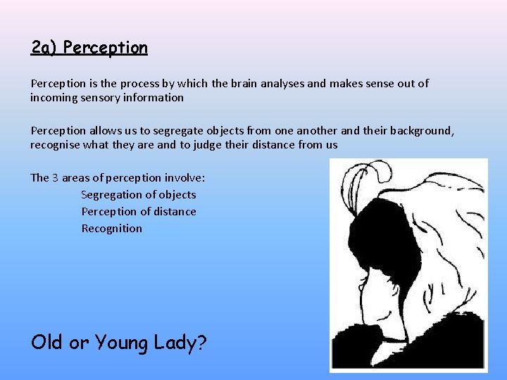 2 a) Perception is the process by which the brain analyses and makes sense