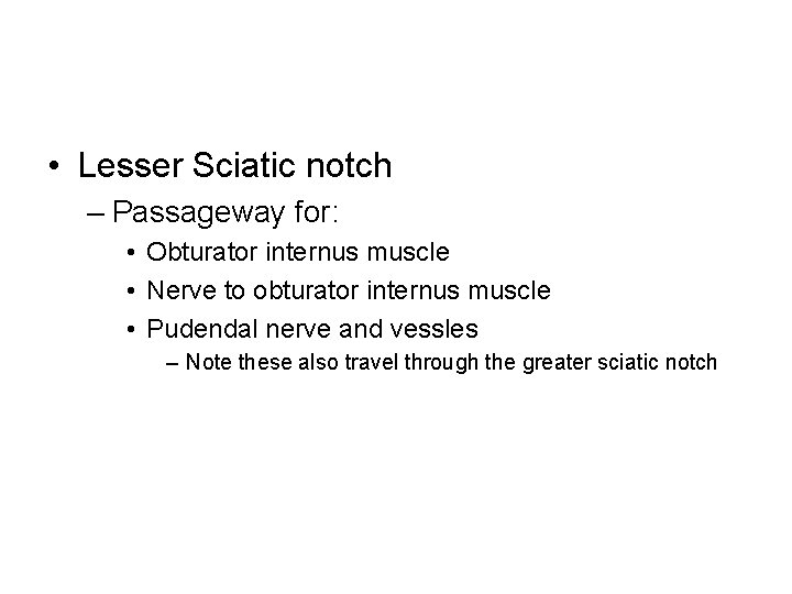  • Lesser Sciatic notch – Passageway for: • Obturator internus muscle • Nerve