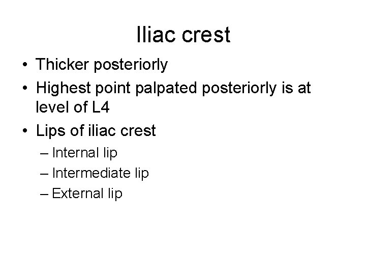 Iliac crest • Thicker posteriorly • Highest point palpated posteriorly is at level of