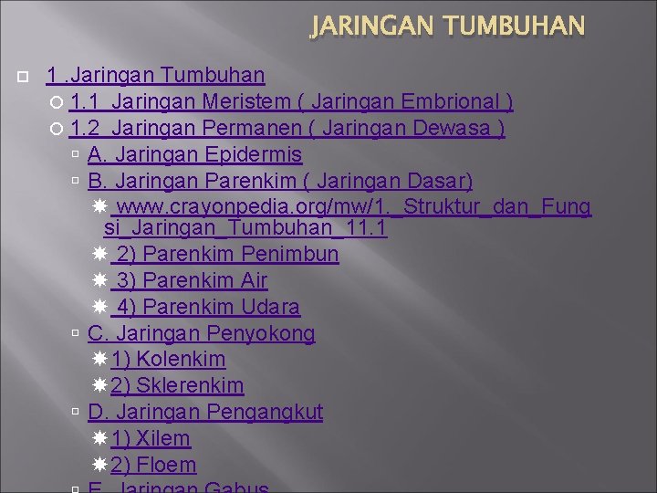 JARINGAN TUMBUHAN 1. Jaringan Tumbuhan 1. 1 Jaringan Meristem ( Jaringan Embrional ) 1.