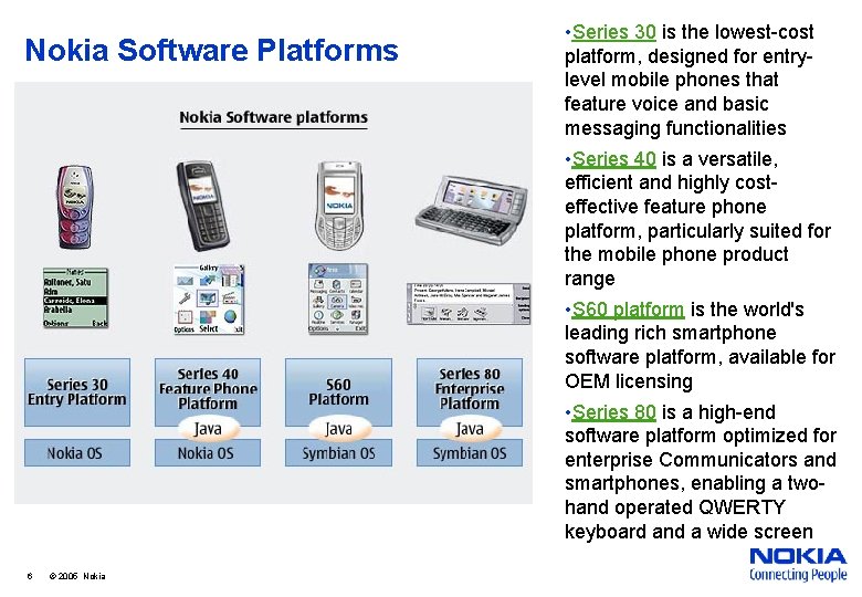 Nokia Software Platforms • Series 30 is the lowest-cost platform, designed for entrylevel mobile