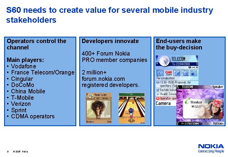 S 60 needs to create value for several mobile industry stakeholders Operators control the