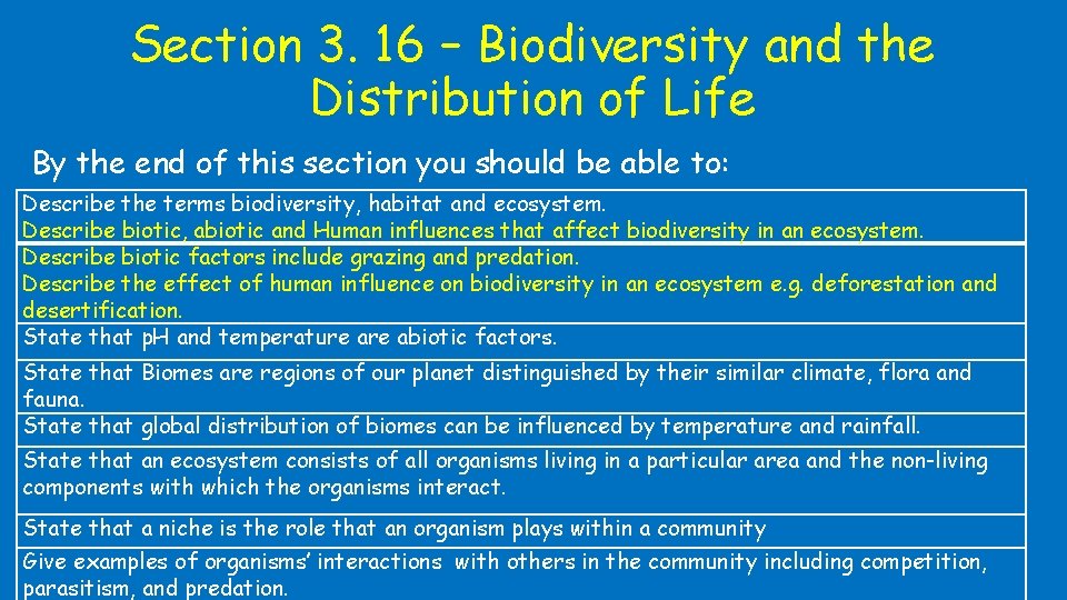 Section 3. 16 – Biodiversity and the Distribution of Life By the end of