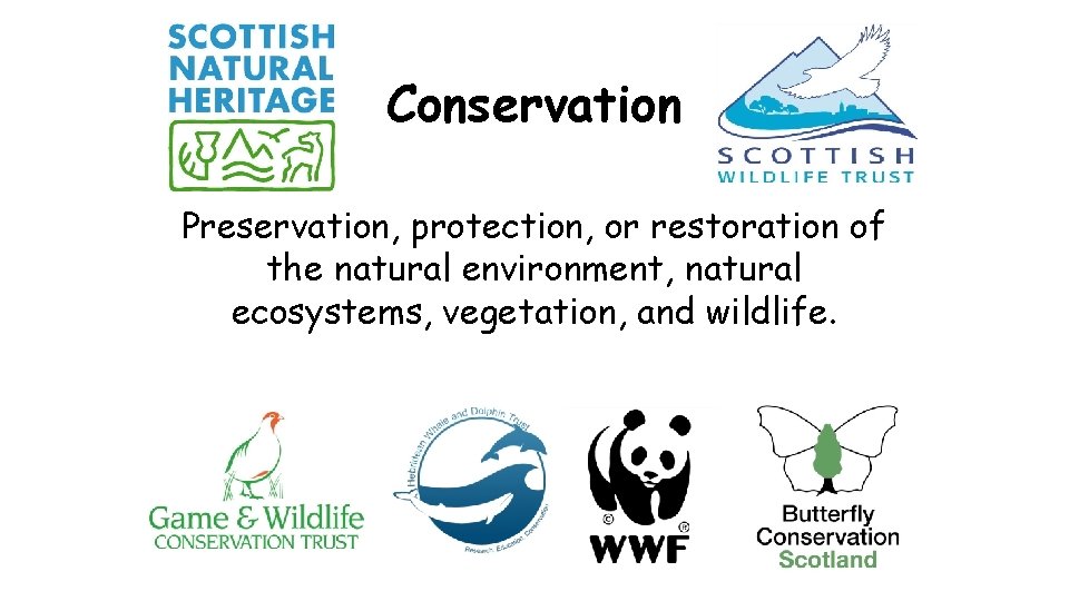 Conservation Preservation, protection, or restoration of the natural environment, natural ecosystems, vegetation, and wildlife.