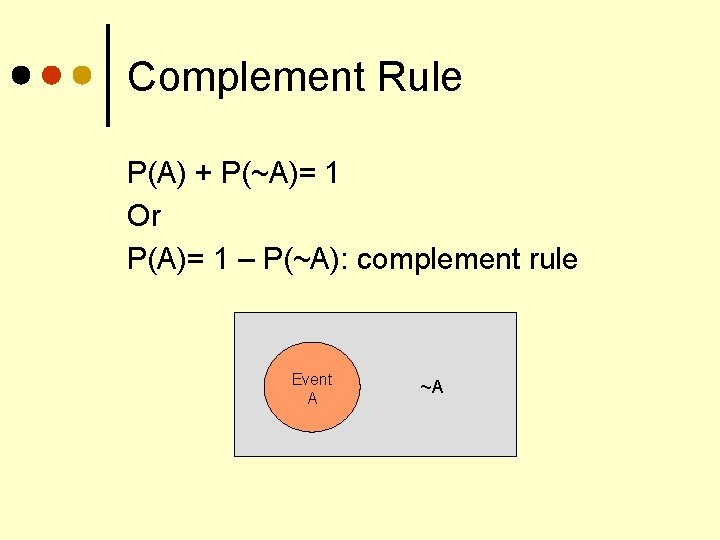 Complement Rule P(A) + P(~A)= 1 Or P(A)= 1 – P(~A): complement rule Event