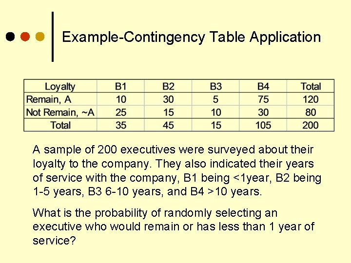 Example-Contingency Table Application A sample of 200 executives were surveyed about their loyalty to