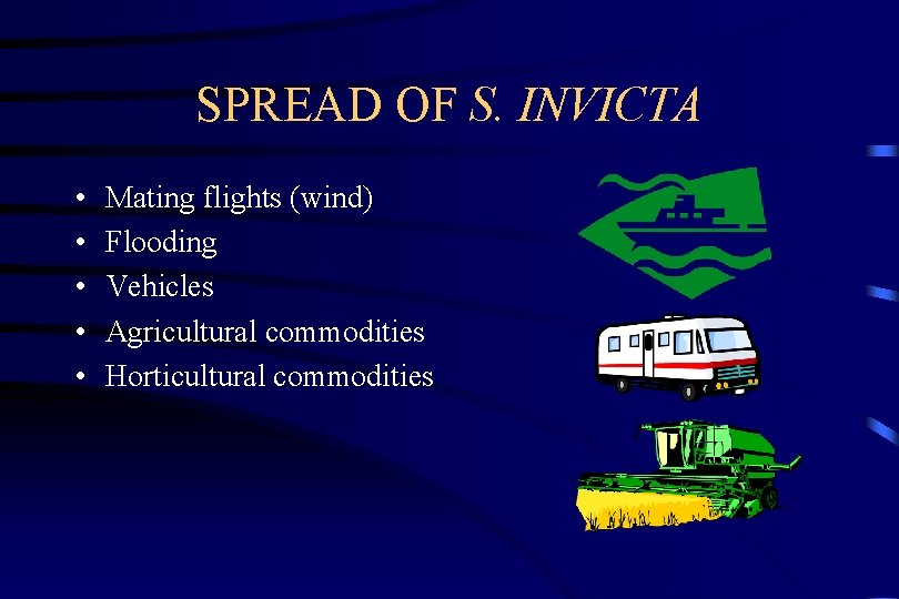 SPREAD OF S. INVICTA • • • Mating flights (wind) Flooding Vehicles Agricultural commodities