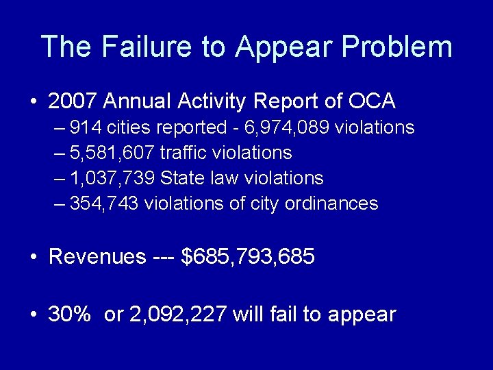 The Failure to Appear Problem • 2007 Annual Activity Report of OCA – 914